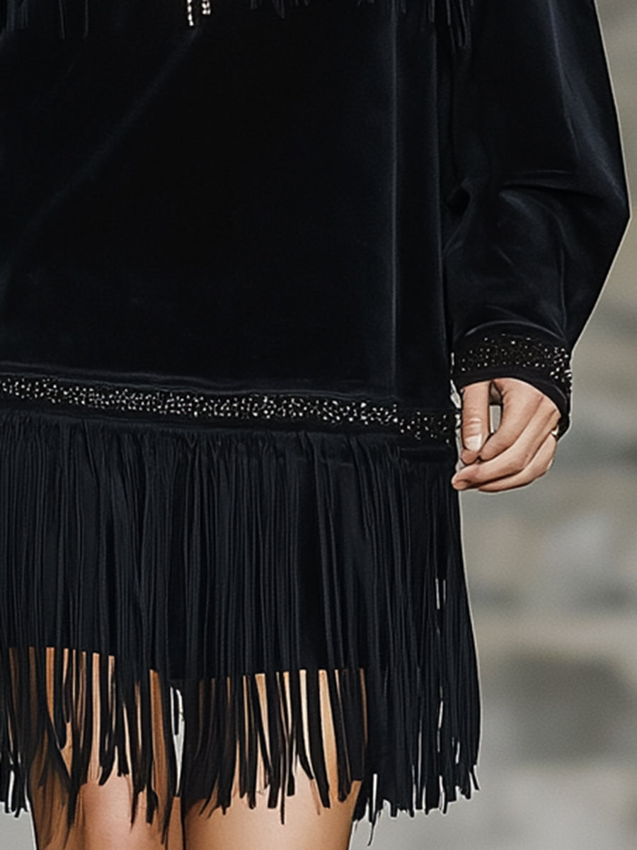 Stylish Black Faux Suede Patchwork Webbing And Tassel Mini Dress