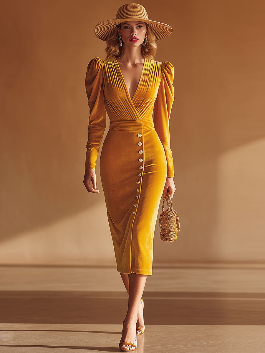 Elegant Retro Yellow V-neck Velvet Midi Dress