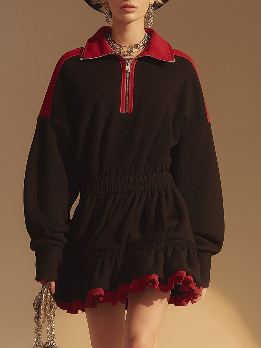 Athletic-style Retro Black Half-zip Cotton Sweatshirt Mini Dress