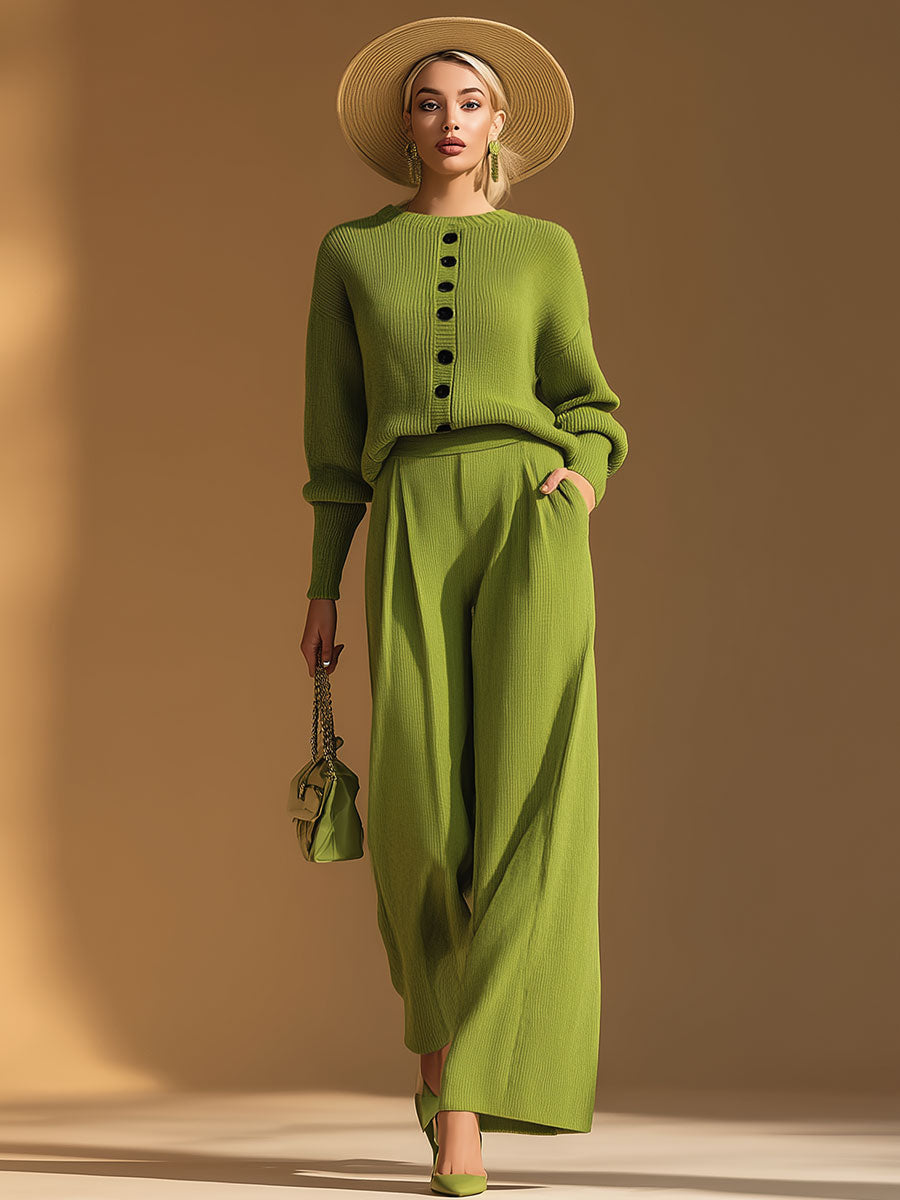 Retro Casual Green Crew Neck Knitted Cardigan And Trousers Set