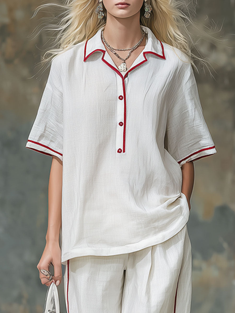 Collared Color-blocked Cotton-linen Short-sleeved Top And Pants Set