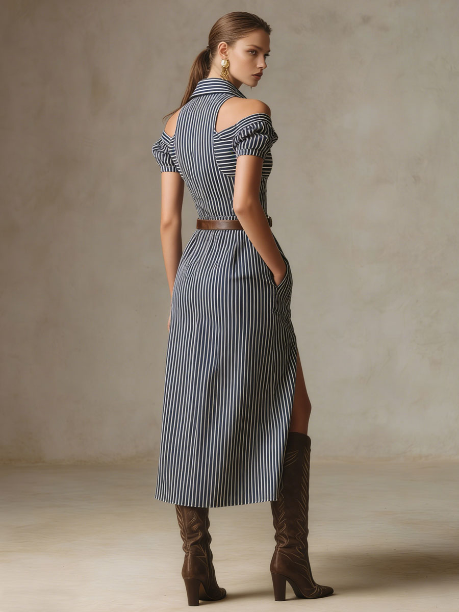 Western Retro Striped Navy Blue Faux Suede Cutout Short-sleeved Midi Dress