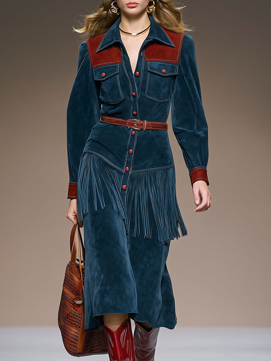 Western Retro Red And Blue Faux Suede Color Block Tassel Long-Sleeved Midi Dress