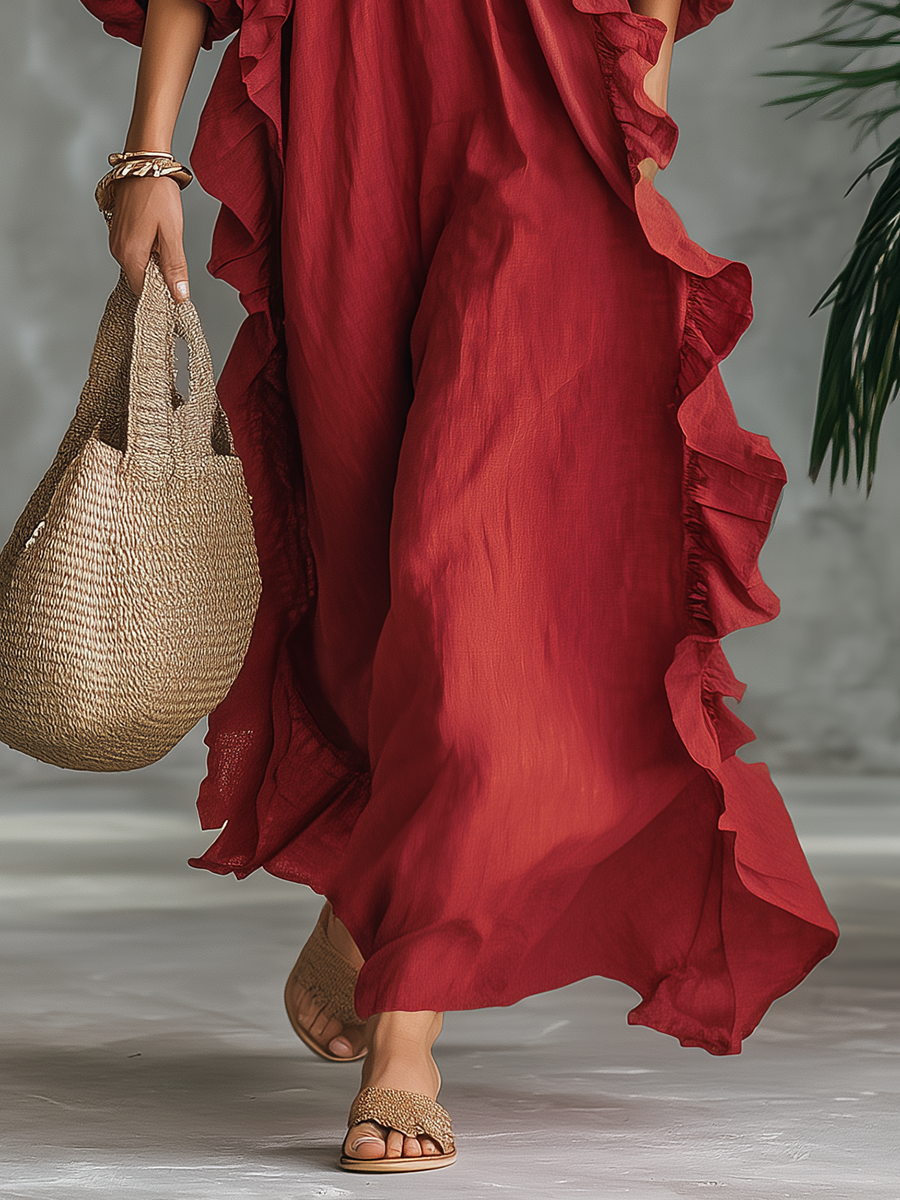 Elegant Retro Vacation V-neck Ruffled Cotton And Linen Maxi Dress