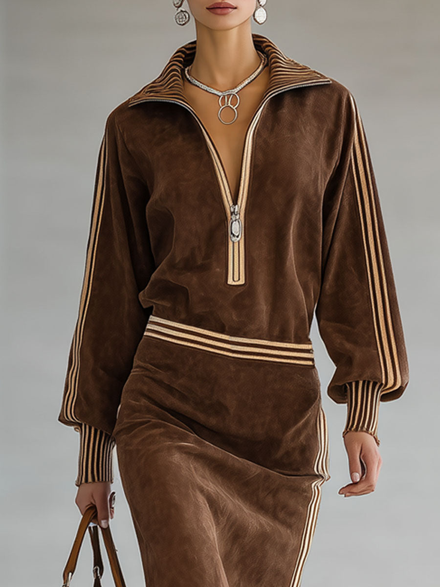 Color-blocked Faux Suede Half-zip Lace-trimmed Midi Dress