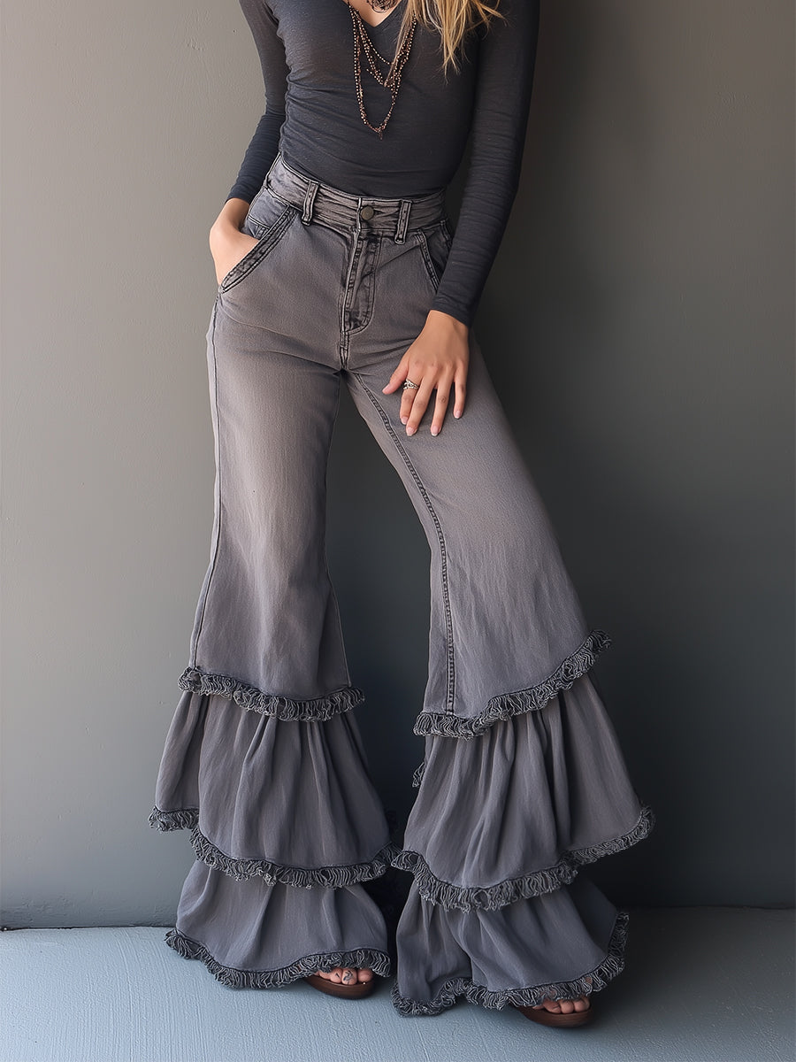 Retro Romantic Gray Frayed Ruffle Flared Jeans
