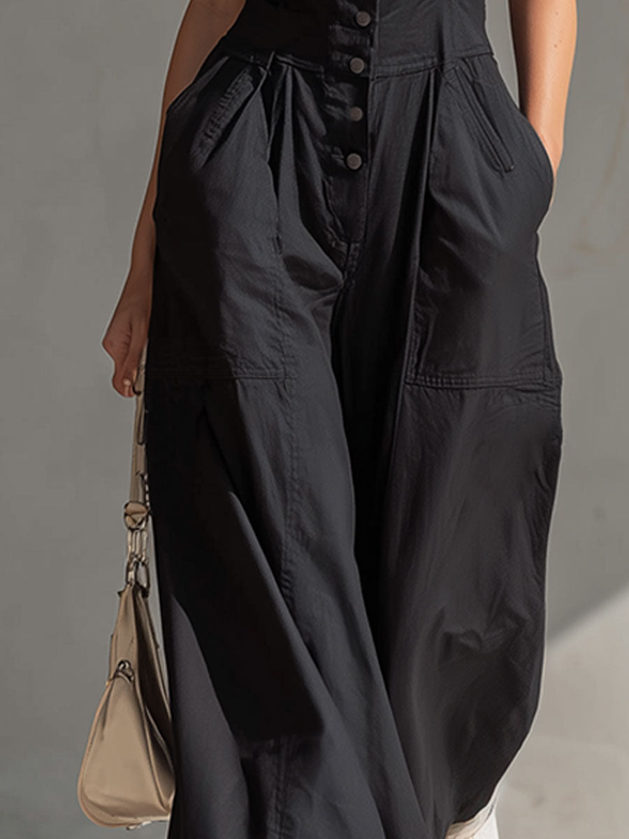 Retro-chic Casual Black Button V-neck Wide-leg Overalls