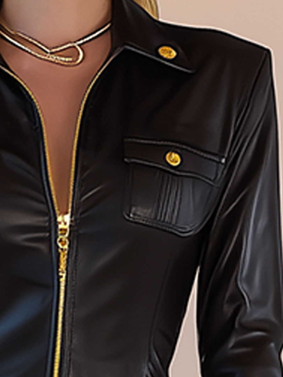 Stylish Black Zippered Ruffled Faux Leather Mini Dress