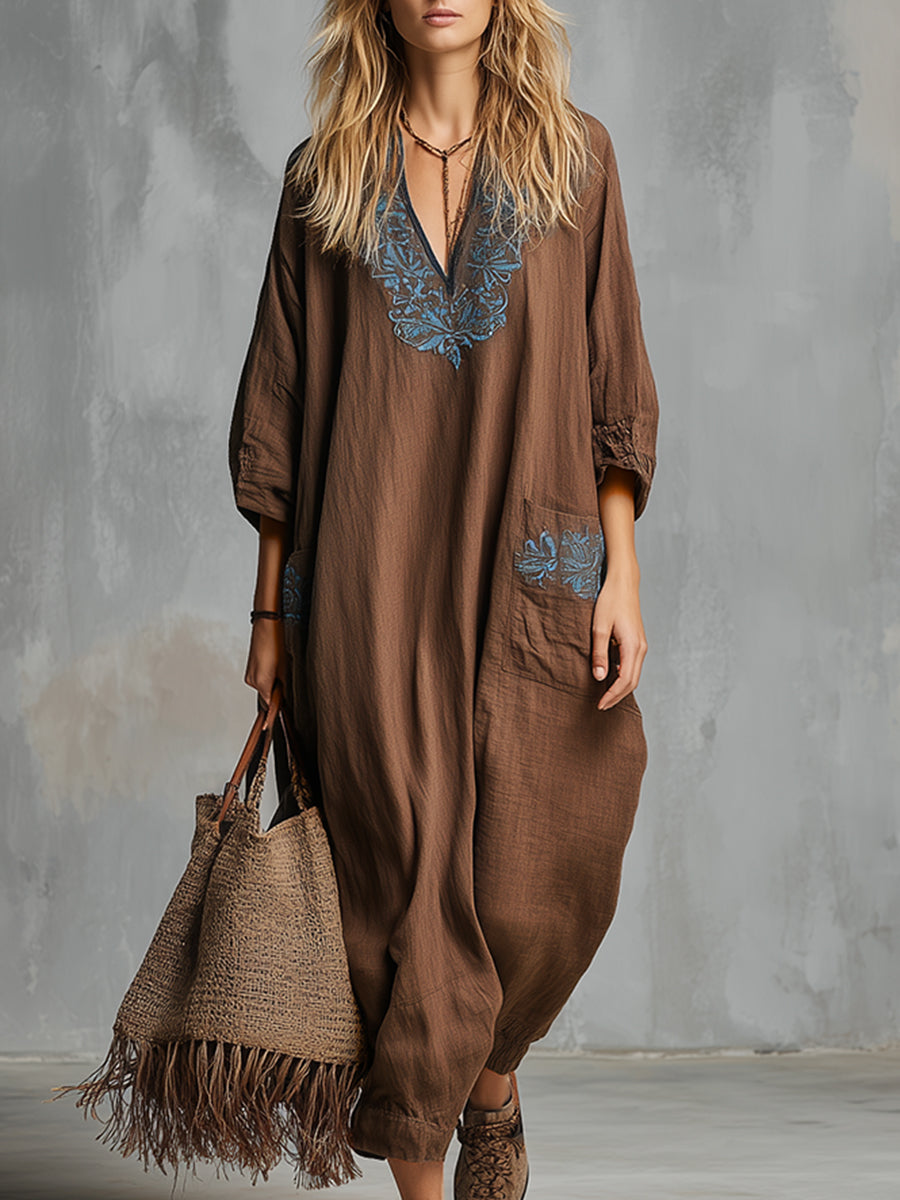 Classic And Simple Embroidered Brown Cotton And Linen Maxi Dress