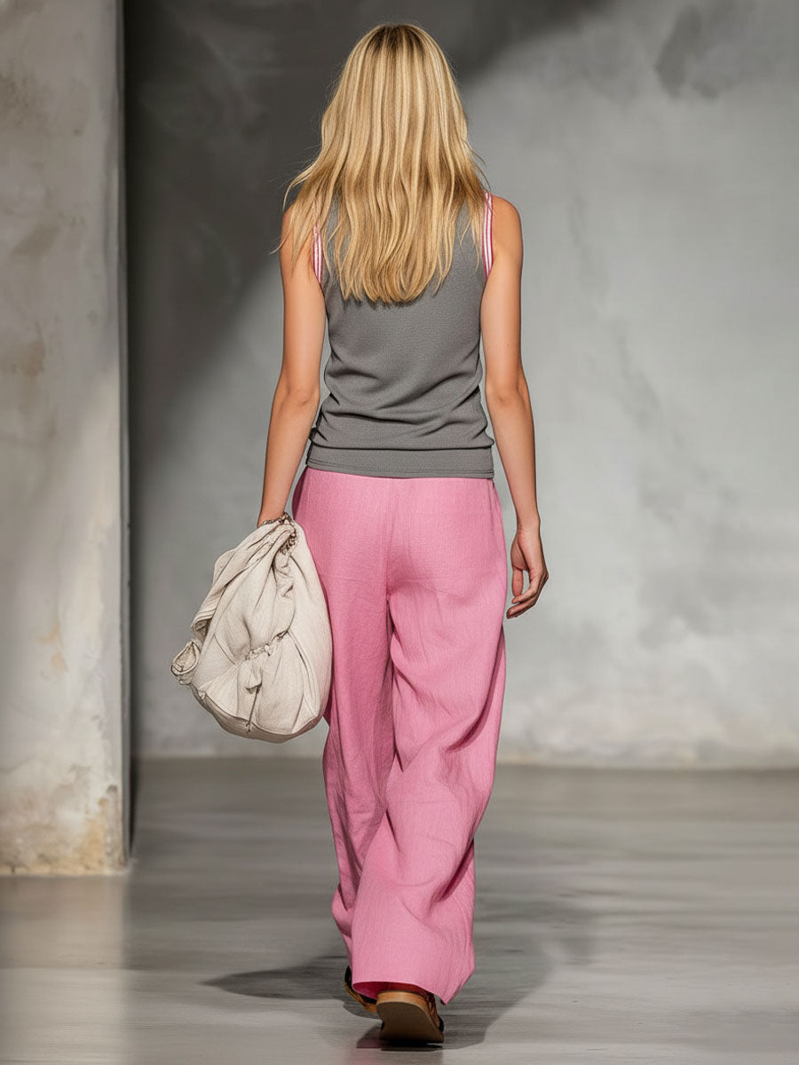Round-neck Sleeveless Top And Cotton And Linen Wide-leg Pants Set