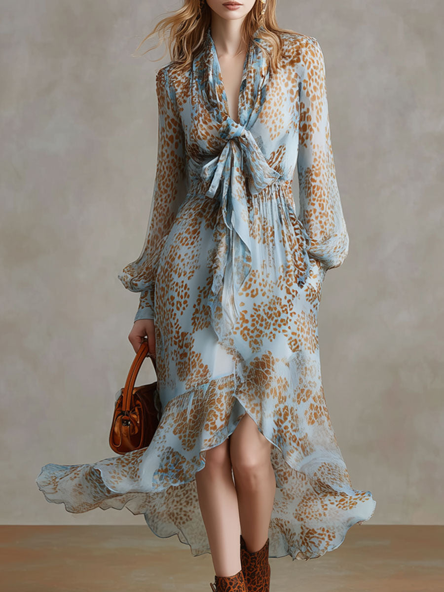 Fashionable Retro Leopard Print Light Blue Chiffon Long-sleeved Midi Dress