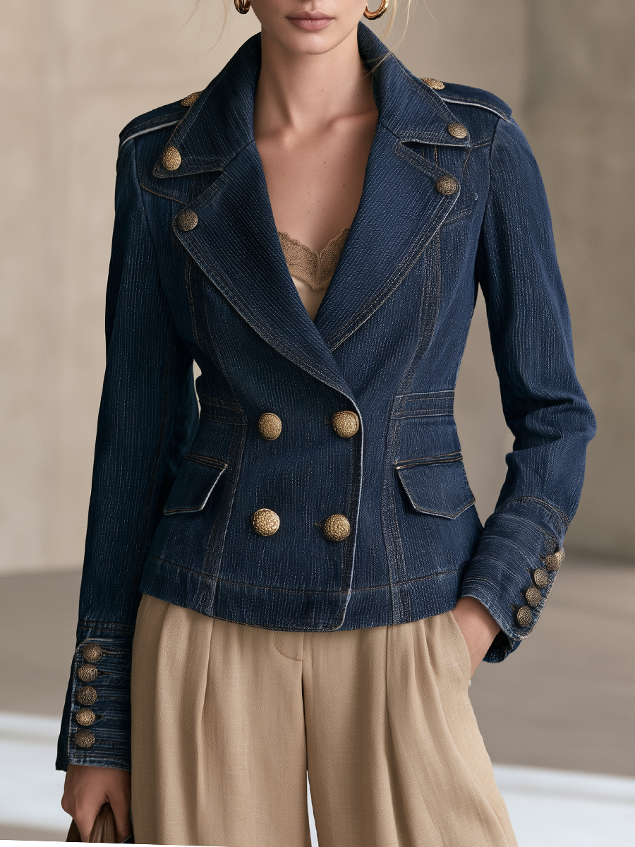 Women’s Dark Wash Denim Blazer With Gold Buttons