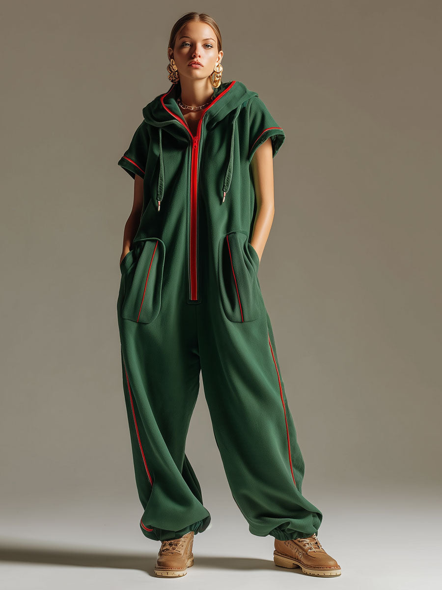 Loose-fitting Retro Sporty Dark Green Hooded Short-sleeved Jumpsuit