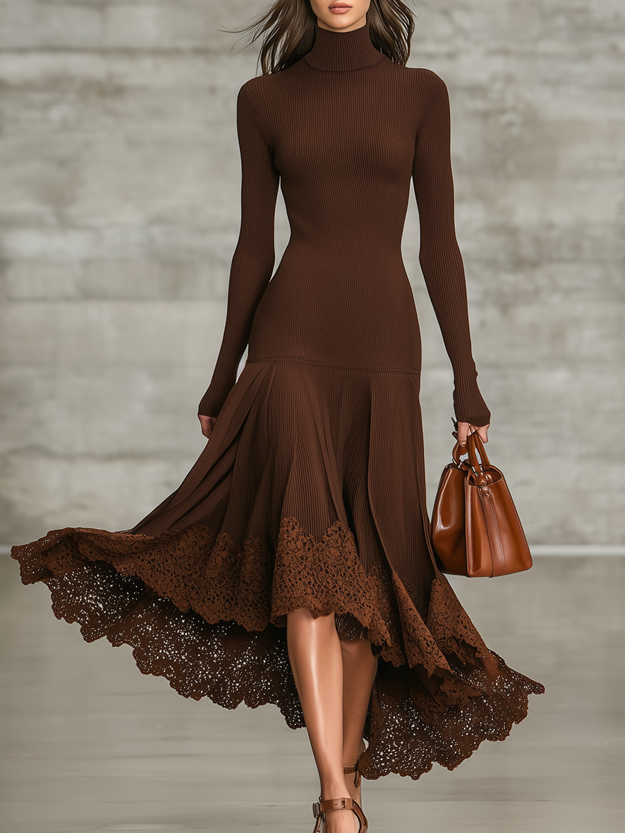 Retro Stand-up Collar Lace Hem Ribbed Midi Dress