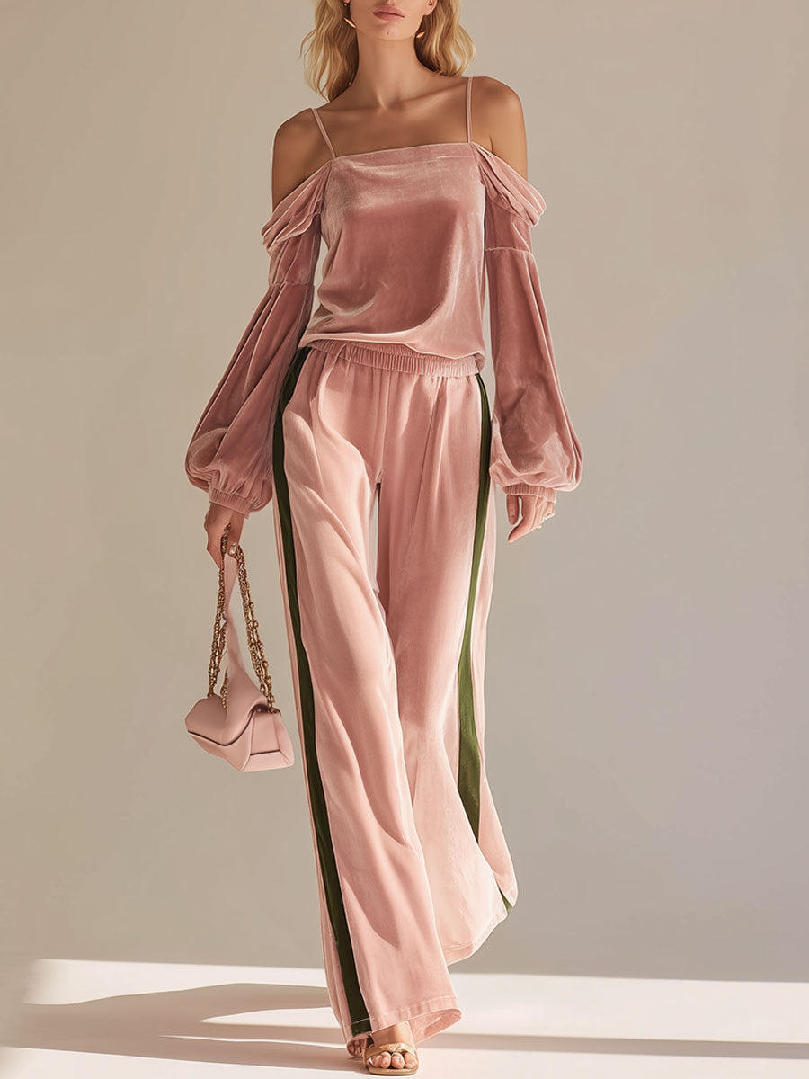Fashionable Sporty Pink Velvet Off-the-shoulder Top And Wide-leg Pants Set
