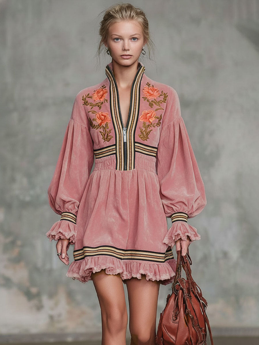 Western-style Floral Embroidered Stand-collar Zippered Ruffle Faux Suede Mini Dress