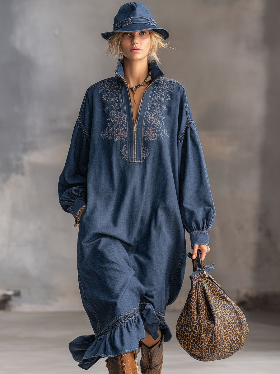 Retro Stand-up Collar Zipper Embroidered Ruffle Washed Denim Midi Dress