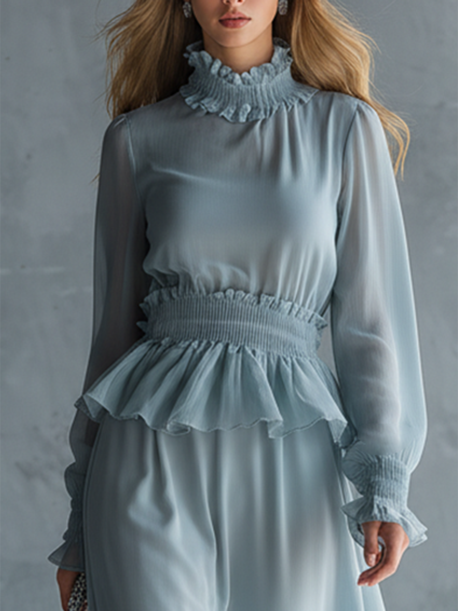 Stylish And Elegant High-neck Long-sleeved Ruffled Chiffon Midi Dress