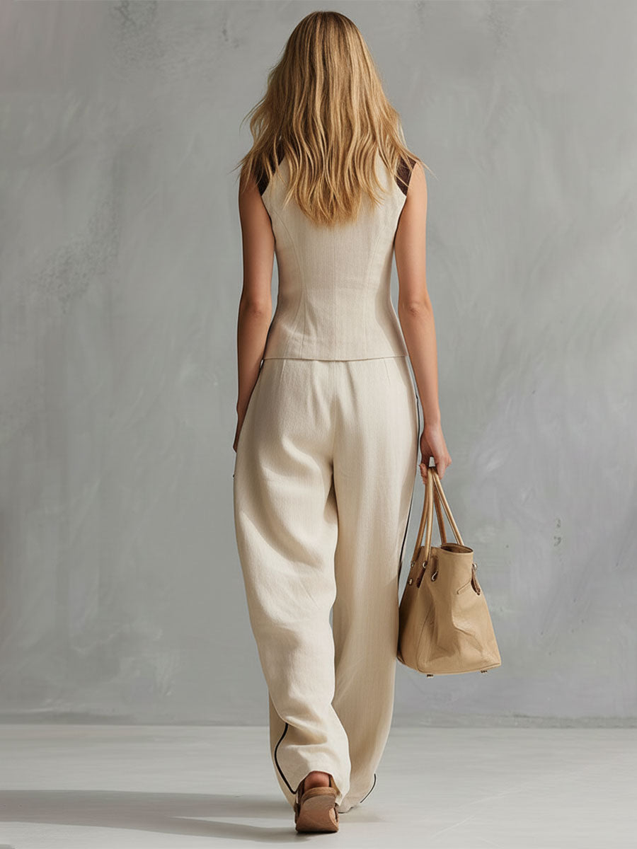Casual Retro Off-white Sleeveless Cotton And Linen Shirt And Wide-leg Pants Set