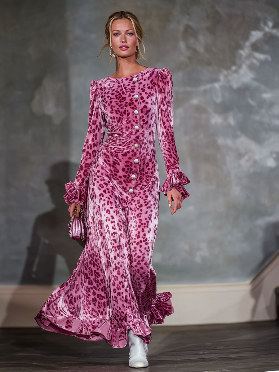Round Neck Multi-button Leopard Print Ruffled Long-sleeved Maxi Dress