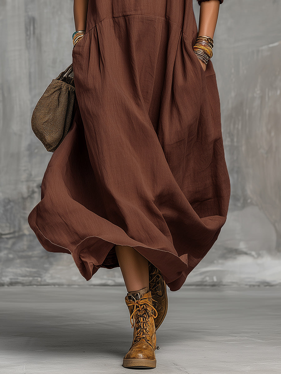 Retro Casual Solid Color Cotton And Linen Long-sleeved Midi Dress