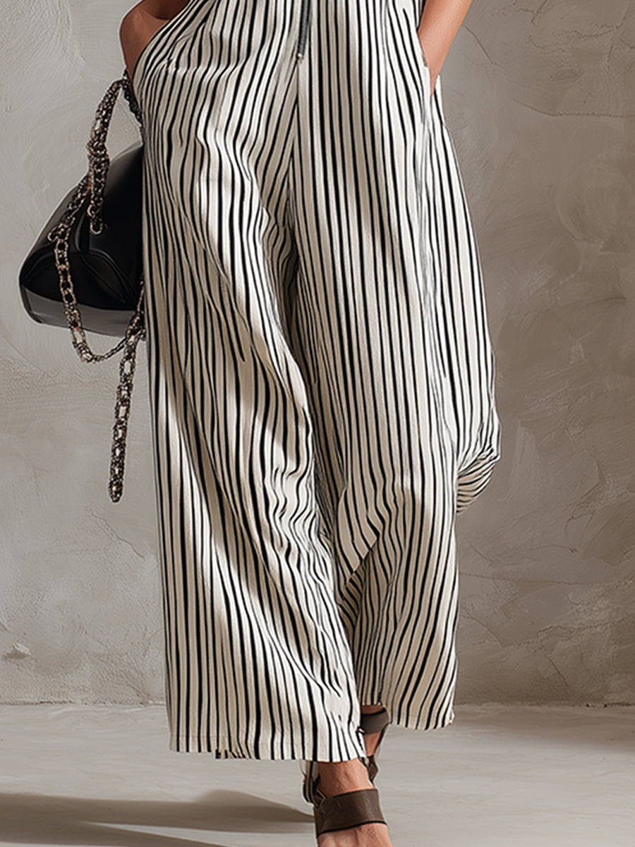 Classic Urban Silhouette Striped V-neck Sleeveless Wide-leg Jumpsuit