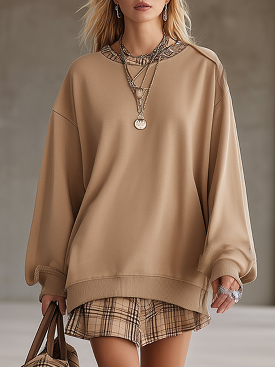 Casual Sporty Khaki Sweatshirt With Plaid Trim Mini Dress