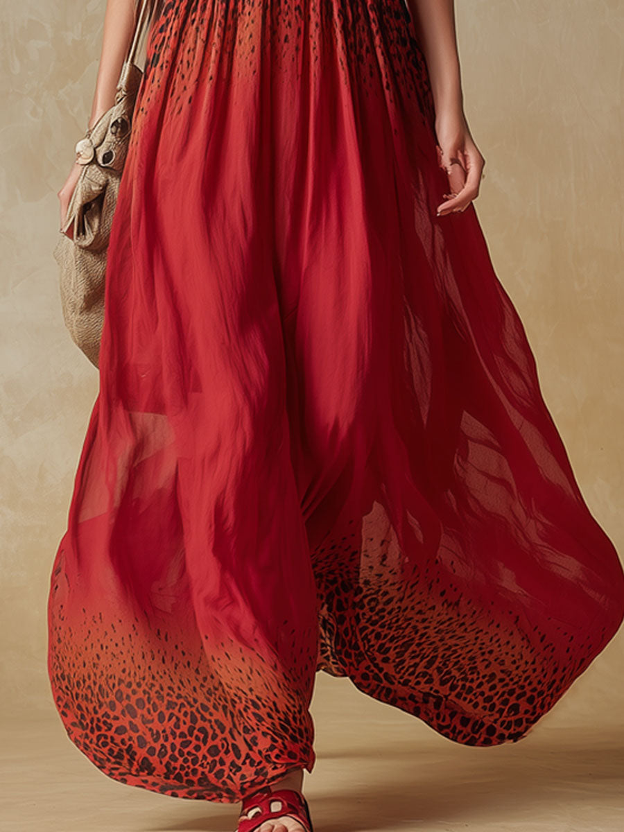 Gradient Leopard Print V-neck Chiffon Sleeveless Maxi Dress