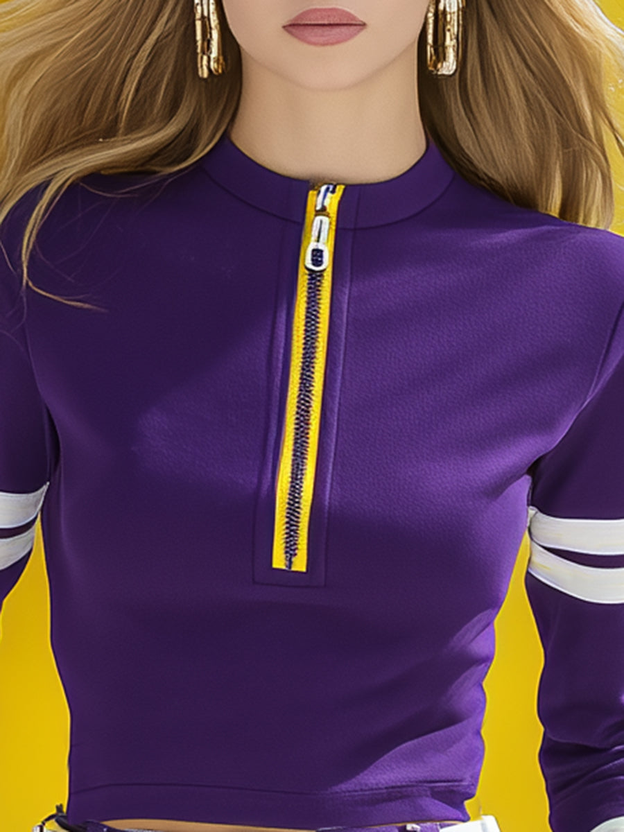 Fashionable Sporty Yellow Zipper Purple Long-sleeved Blouse