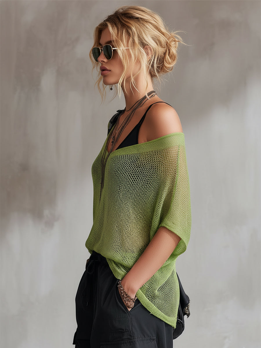 Trendy And Casual Green Mesh Knit Short-sleeved T-shirt