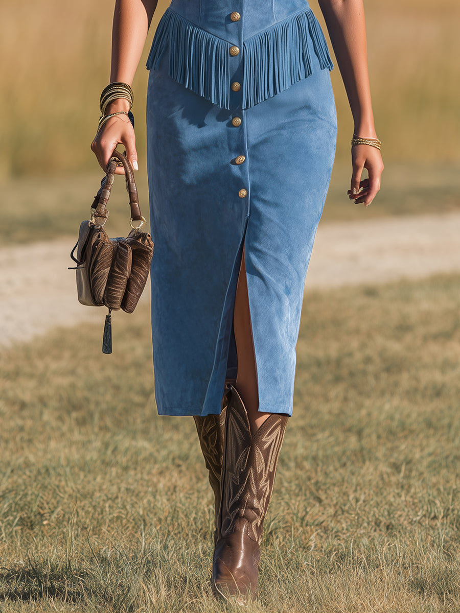 Retro Western Style V-neck Fringed Faux Suede Midi Dress