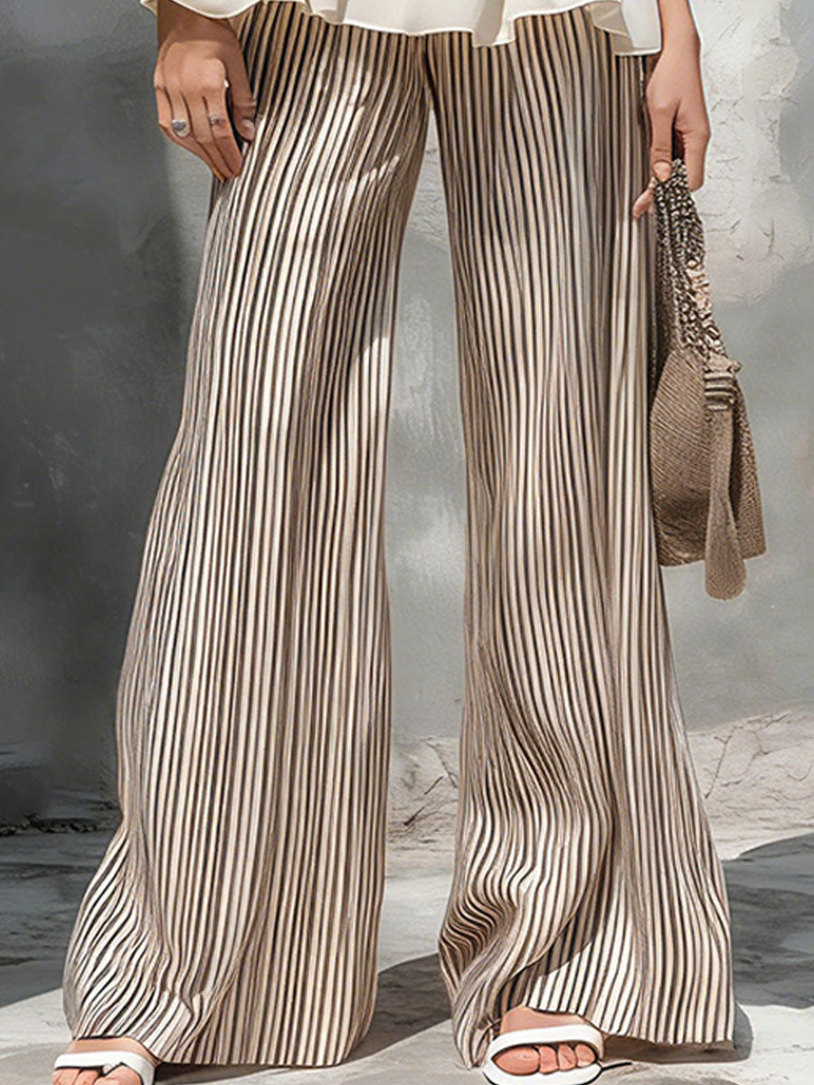 Stylish And Casual Off-white Ruffled Sleeveless Chiffon Blouse And Striped Trousers Set