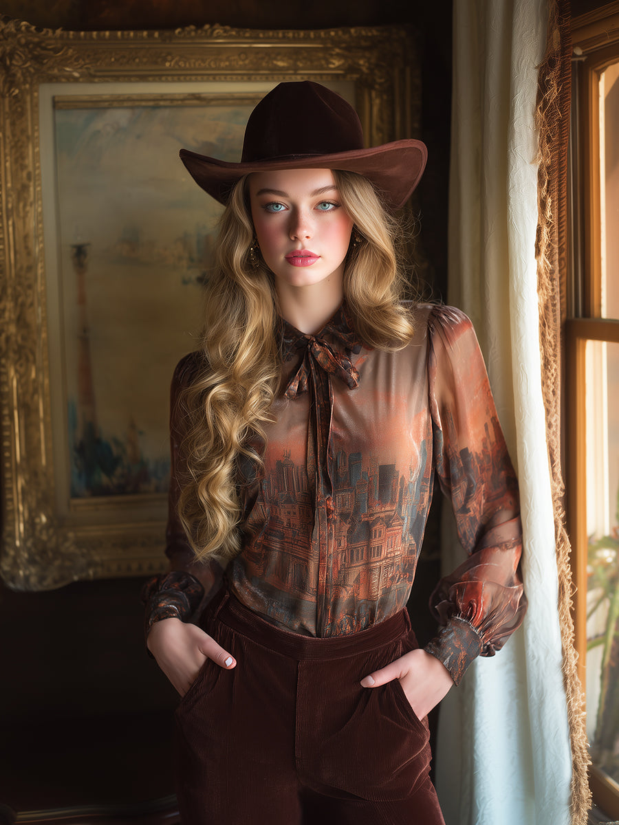 Retro Western-style Printed Shimmering Chiffon Shirt