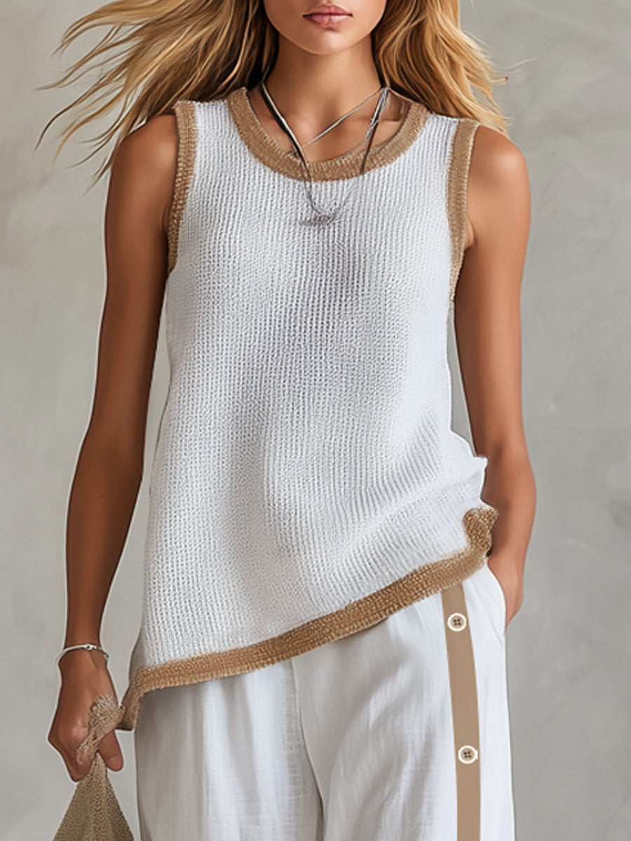 Loose-fitting Color-blocked Crew Neck Knit Top And Cotton-linen Pants Set