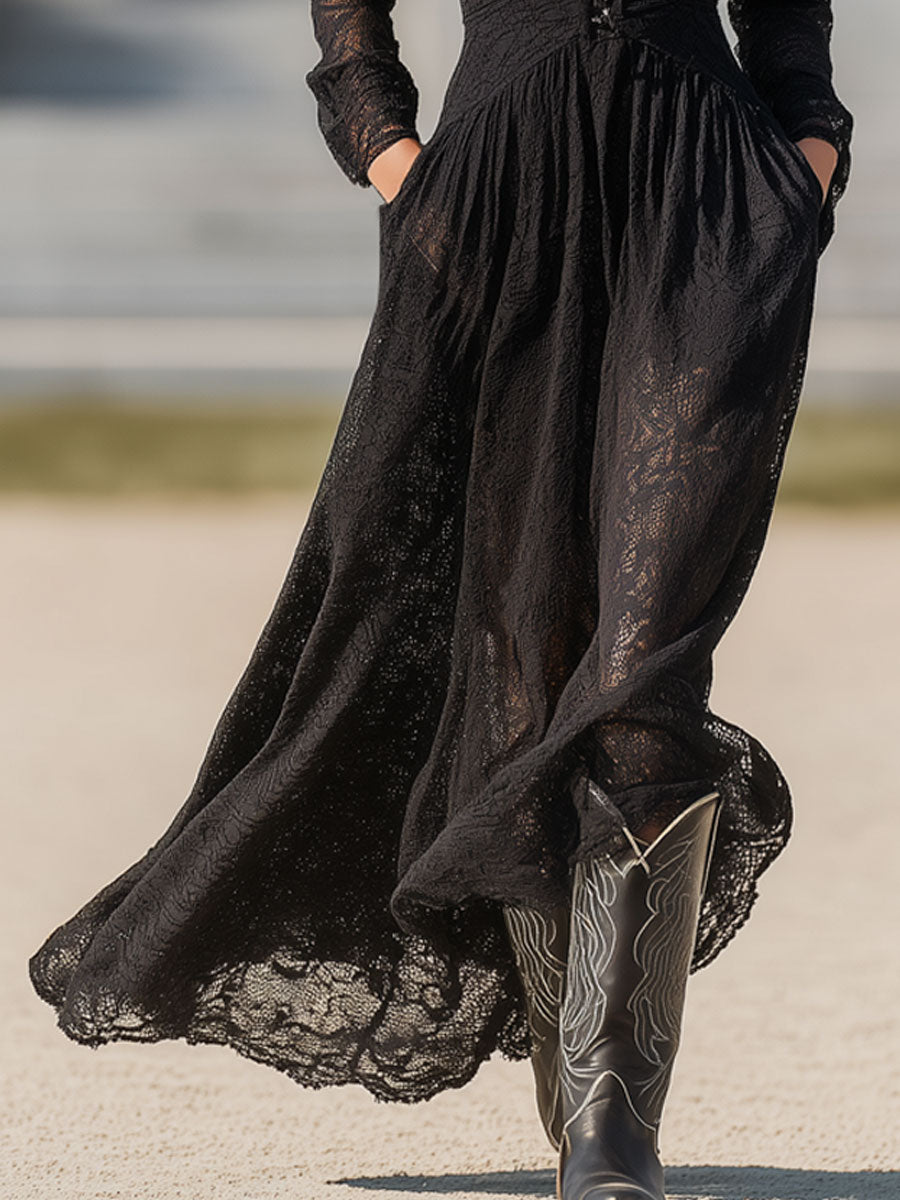 Western Retro V-neck Black Lace Long-sleeved Maxi Dress