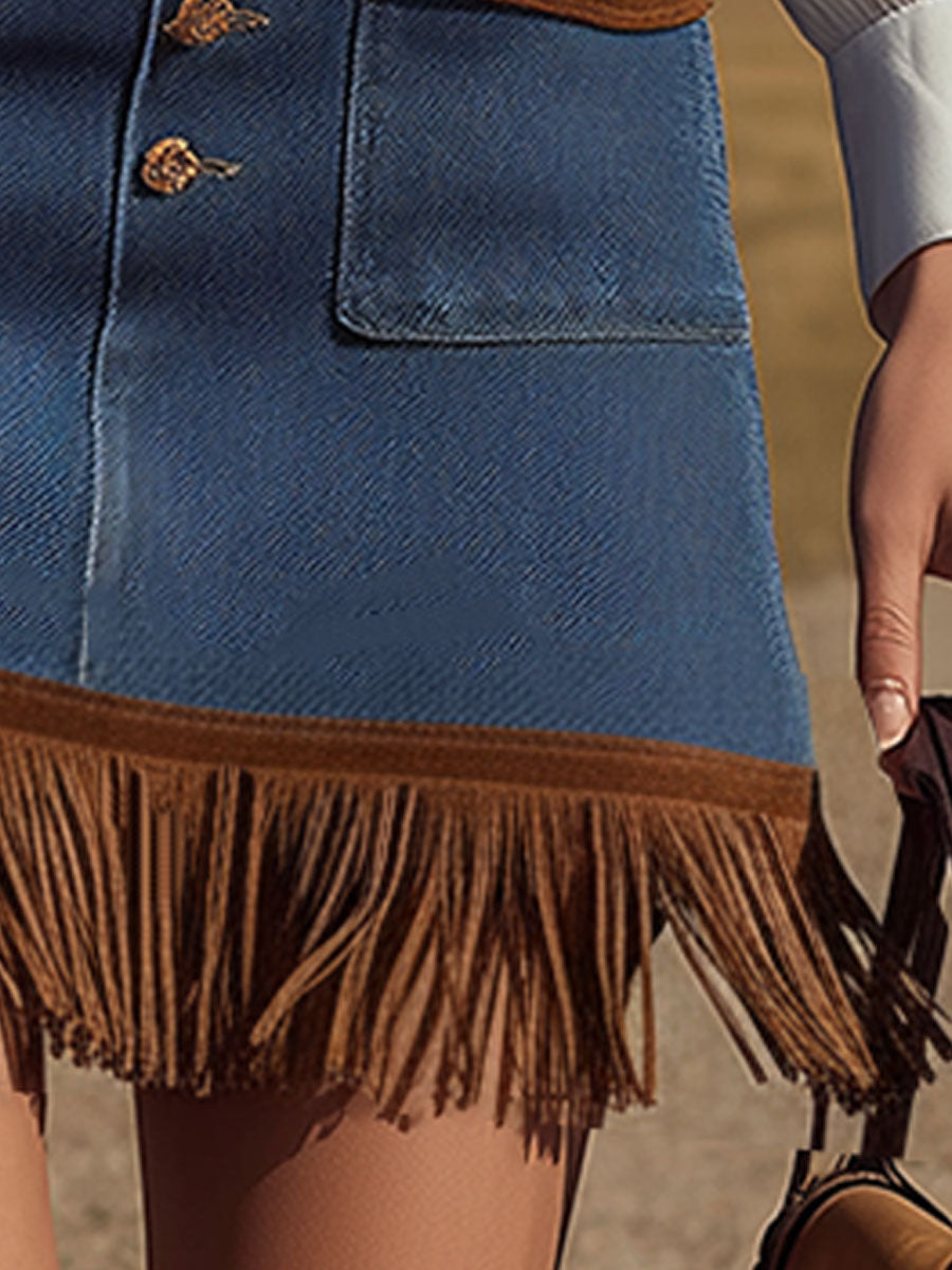 Western Retro Blue Denim Patchwork Brown Faux Suede Tassel Mini Skirt