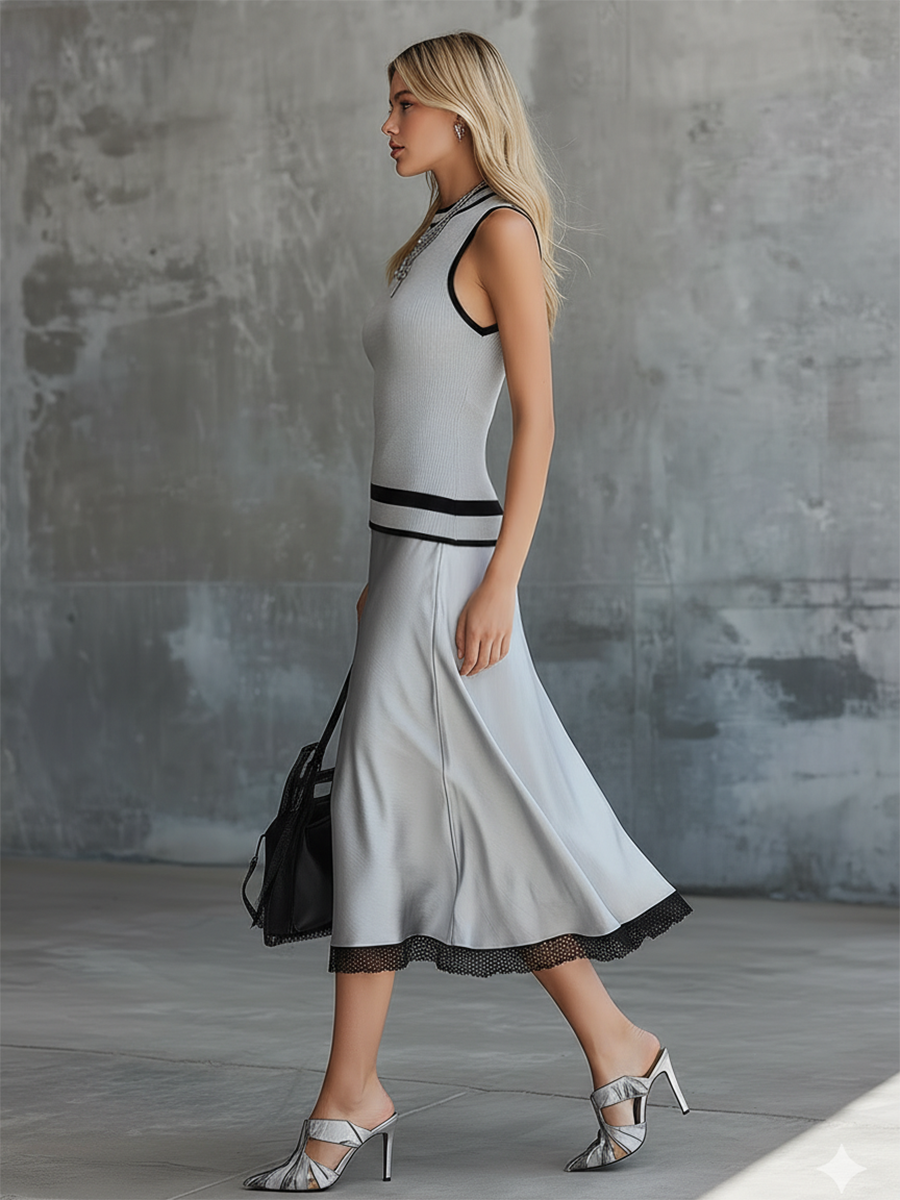 Elegant Round-neck Irregular-hem Knitted Tank Top And Lace-trimmed Satin Skirt Set