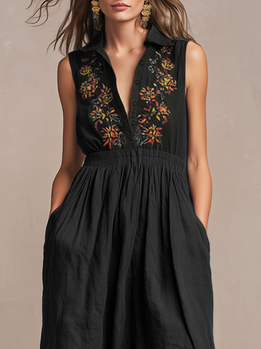 Vintage-style Embroidered Sleeveless Black Cotton Midi Dress