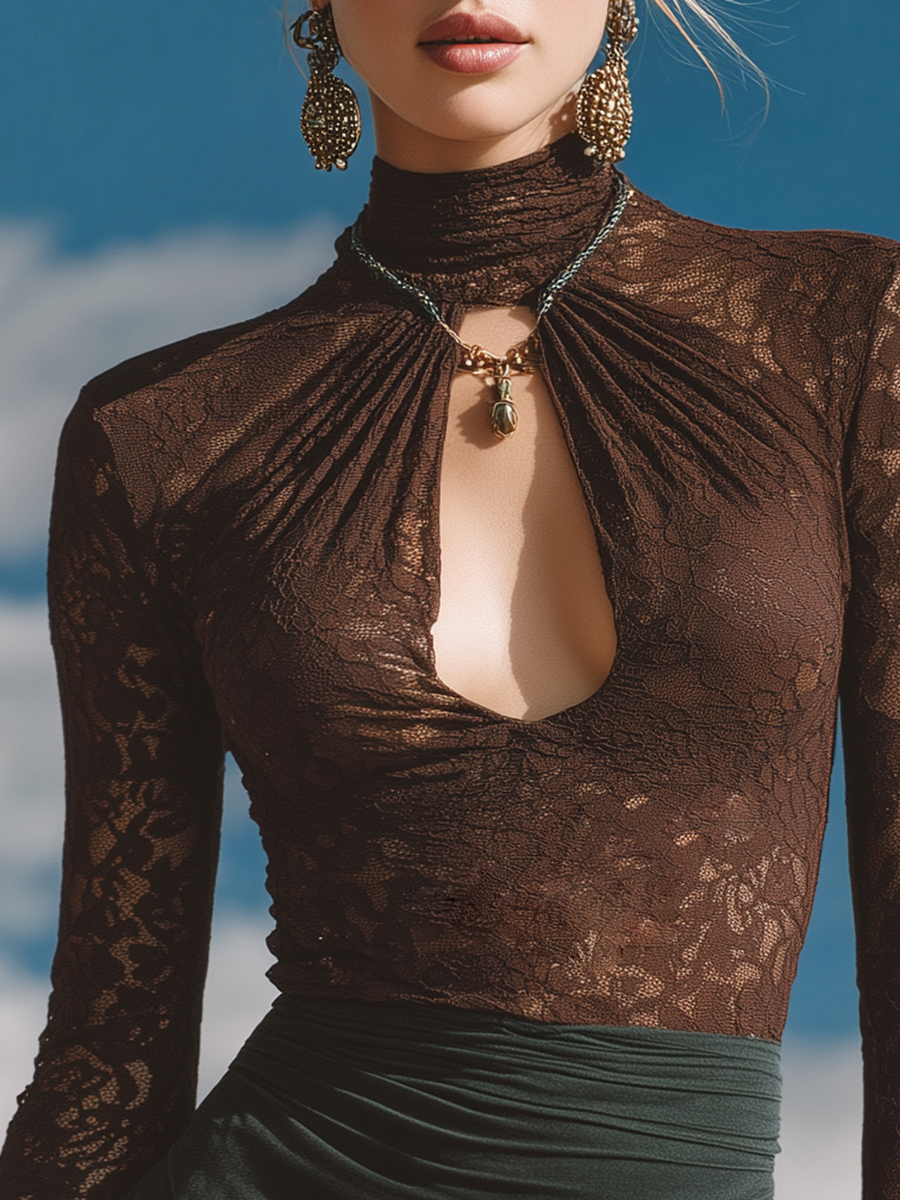 Retro Chic Bohemian Openwork Brown Lace Top