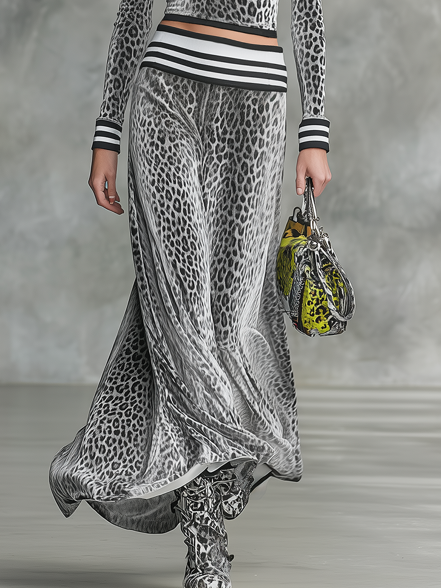 Retro Zip-up Stand-collar Leopard Print Velvet Top And Long Skirt Set