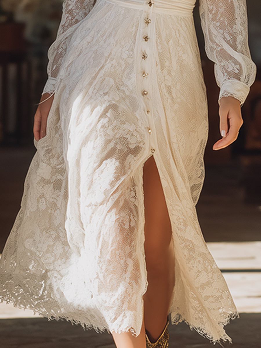 Elegant Vacation V-neck White Lace Maxi Dress