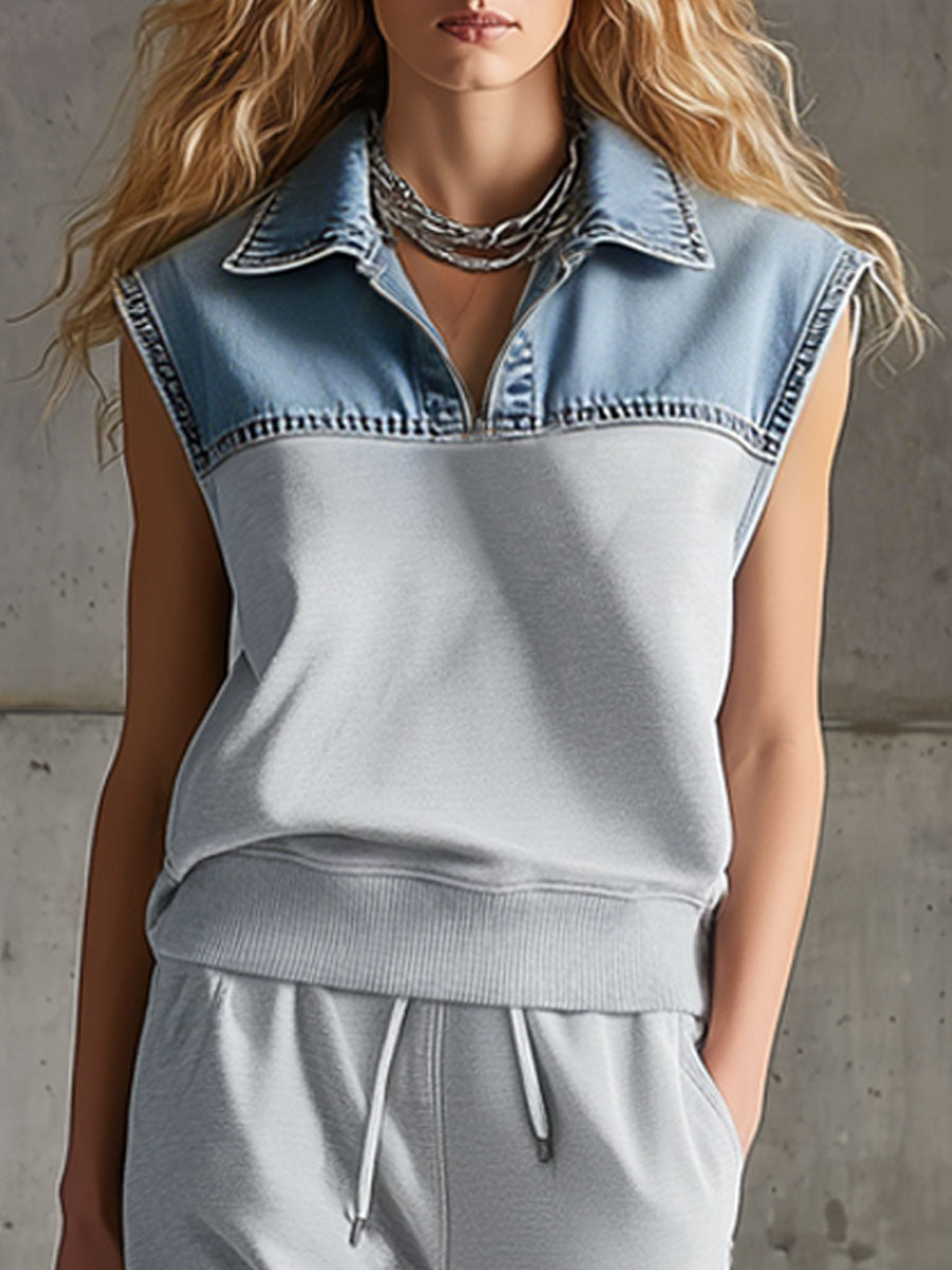 Casual Retro Denim Patchwork Light Gray Sleeveless Sweatshirt And Pants Set