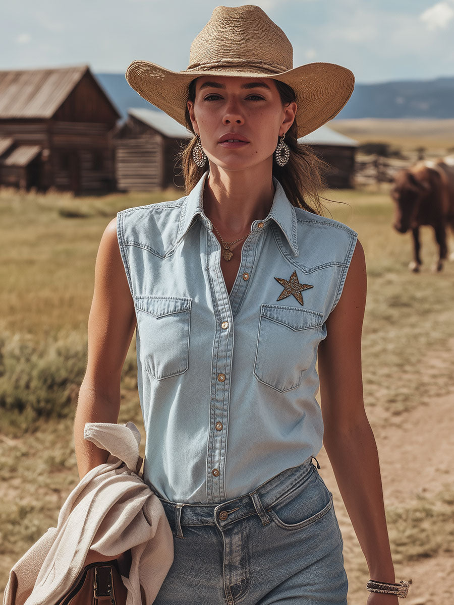 Western Retro Embroidered Blue Sleeveless Denim Shirt