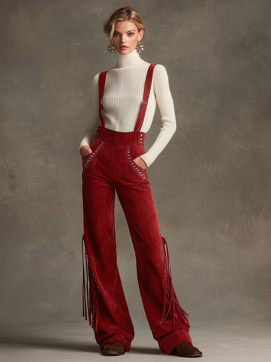 Western Retro Red Faux Suede Studded Tassel Overalls