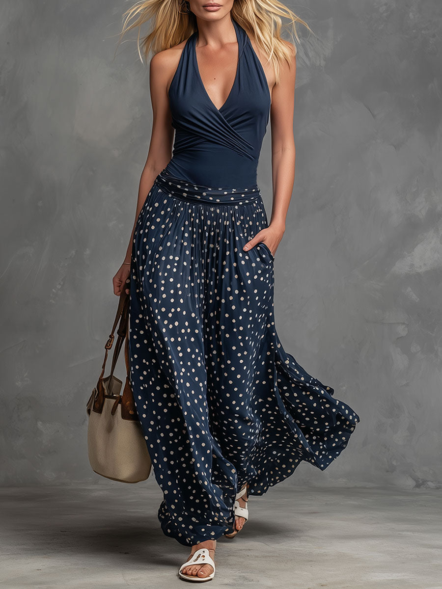Casual Retro Style Blue V-neck Vest And Polka Dot Chiffon Skirt Set