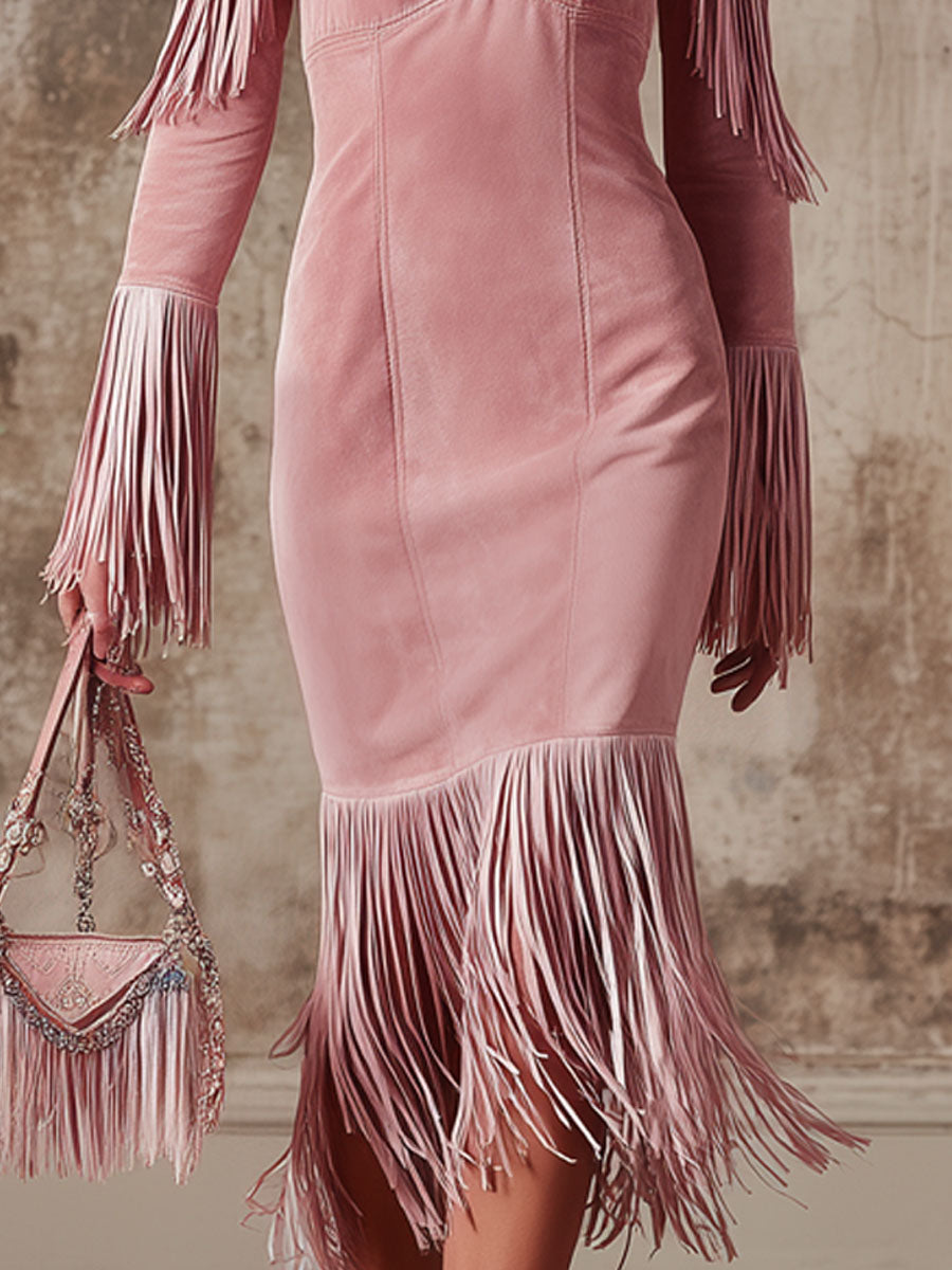 V-neck Off-the-shoulder Fringed Faux Suede Long-sleeved Midi Dress