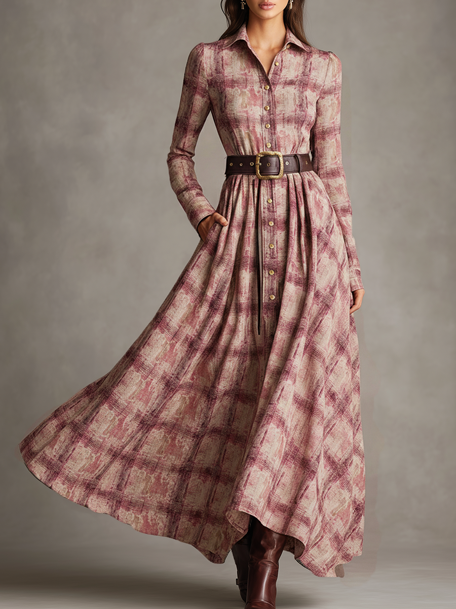 Retro Western Pink Long-Sleeved Maxi Dress