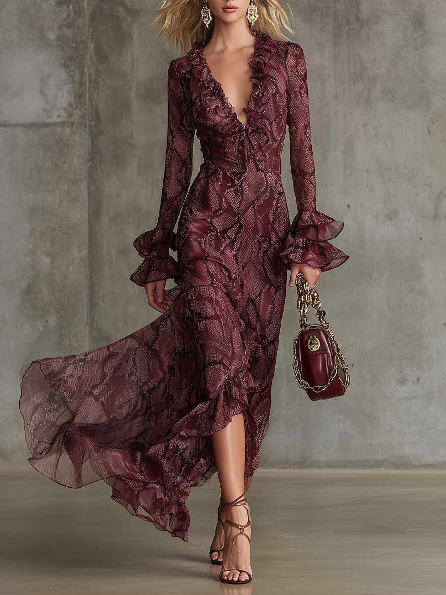 Maxi Dress | Oyrosy Burgundy Snakeskin Chiffon Maxi  OYROSY