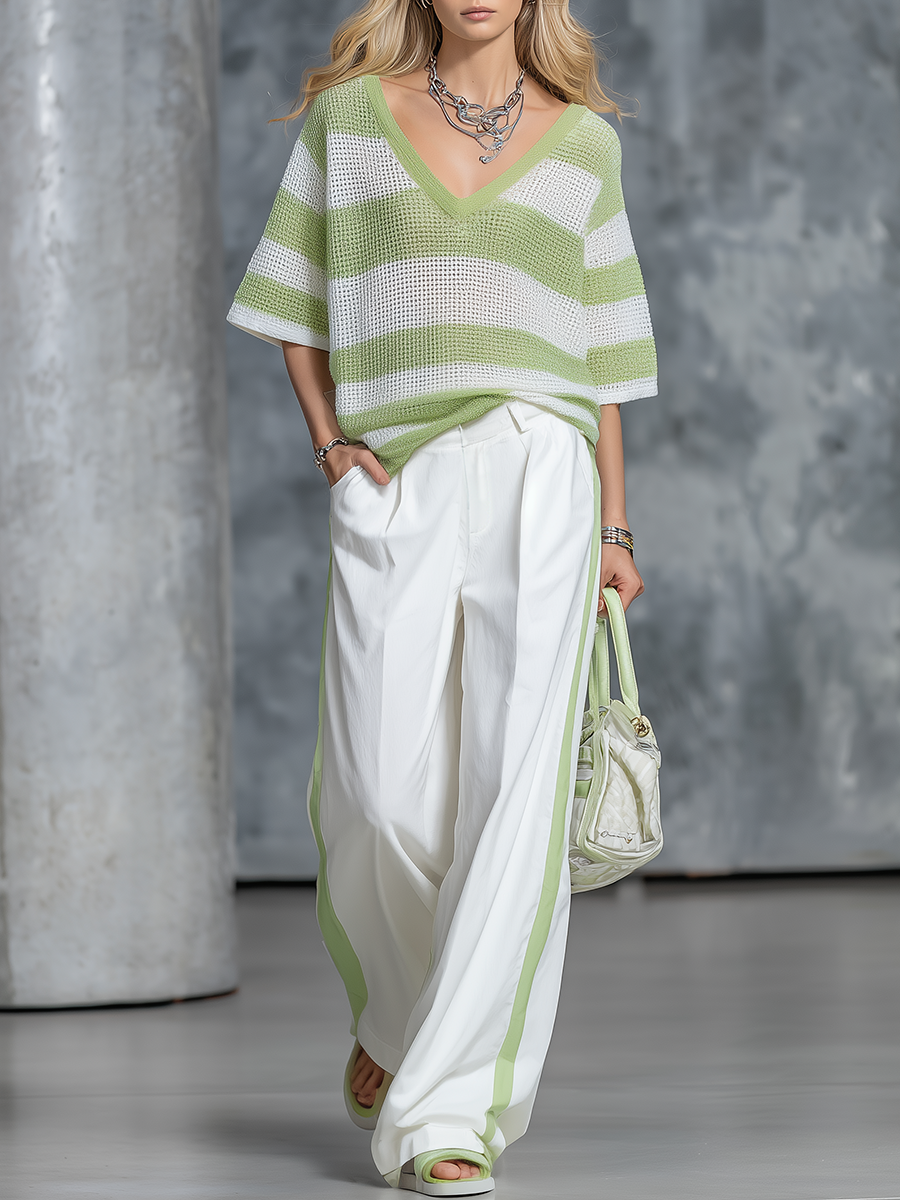 Casual Stylish Striped Knit T-shirt And Wide-leg Pants Set