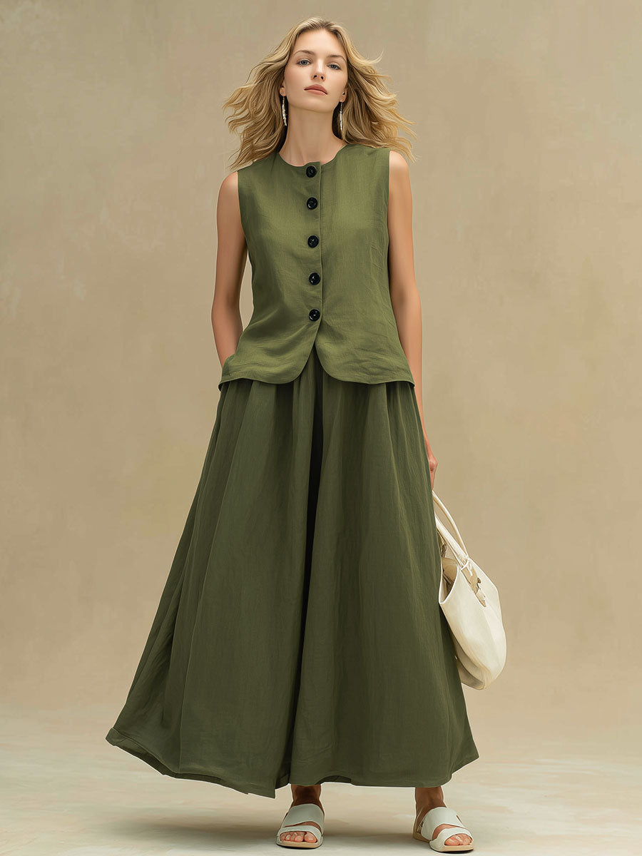 Stylish And Casual Green Sleeveless Top And Skirt Set